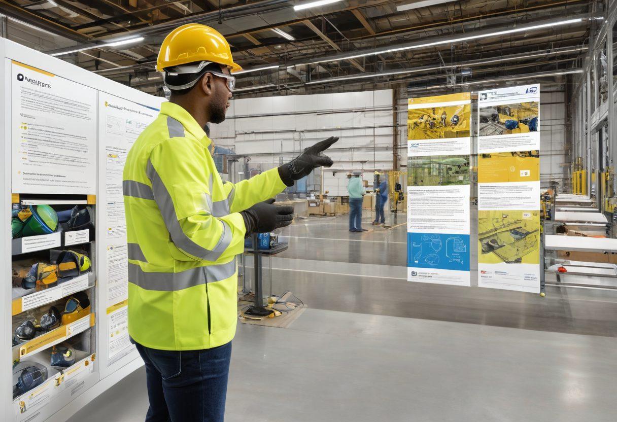 A detailed, layered infographic showcasing Carson's safety products for manufacturing, including helmets, gloves, and goggles, connected by arrows to a visual flow of safety systems in a factory setting. Illustrate diverse workers using the products effectively in action, balanced with technical diagrams of safety protocols. Emphasize a vibrant color palette for an engaging look. dynamic illustration. vibrant colors. white background.