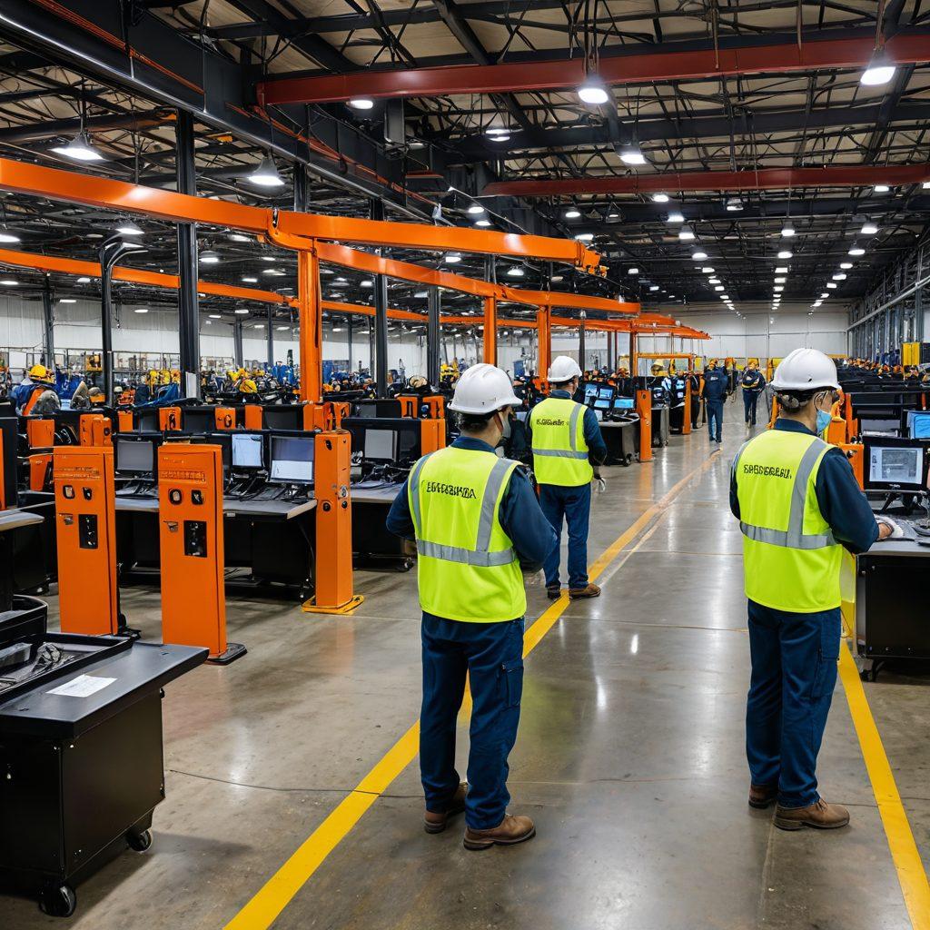 A dynamic factory floor showcasing Carson Industries' innovative safety measures, with employees wearing advanced safety gear, bright warning signs, and protective barriers. Highlight cutting-edge technology like safety sensors and real-time monitoring screens, all set against a backdrop of a clean, organized work environment. Convey a sense of empowerment and collaboration among the workers. super-realistic. vibrant colors. industrial style.