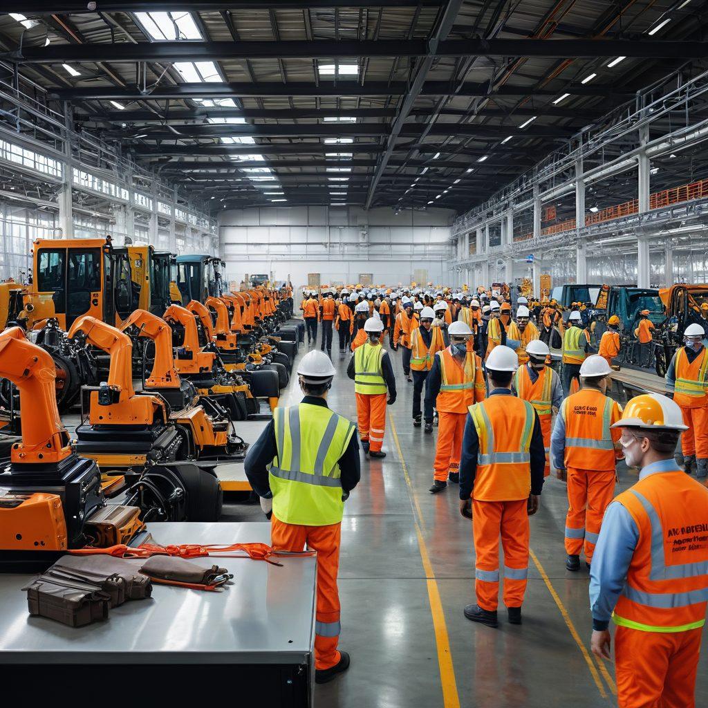 A bustling industrial workplace featuring diverse workers in safety gear, surrounded by various safety equipment like helmets, goggles, and safety cones. In the background, showcase machinery with visible safety guards, and clear signage promoting safety protocols. Bright, welcoming colors to convey a positive safety culture. super-realistic. vibrant colors. white background.